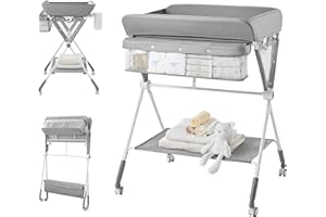 KUB Portable Baby Changing Table, Foldable Diaper Changing Table with Wheels for Nursery, Toddler Changing Table with Adjustable Height, Portable Changing Table for Newborn, Infant Grey