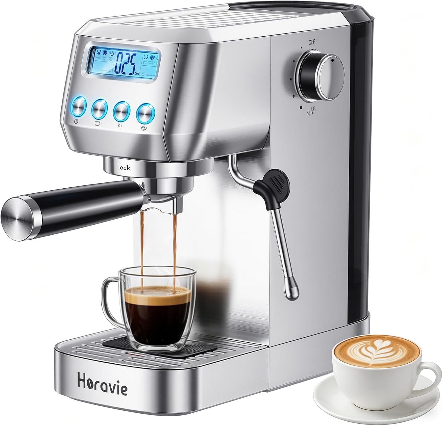 Horavie Espresso Machine 20 Bar, Compact Espresso Maker with Milk Frother, Stainless Steel Cappuccino & Latte Machine with LCD Screen, Adjustable Temperature, 44oz Water Tank for Home, Office