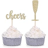 Pack of 24 Gold Glitter Cheers and Champagne Glasses Cupcake Toppers for Baby Shower Wedding Engagement Celerating Party Decorations