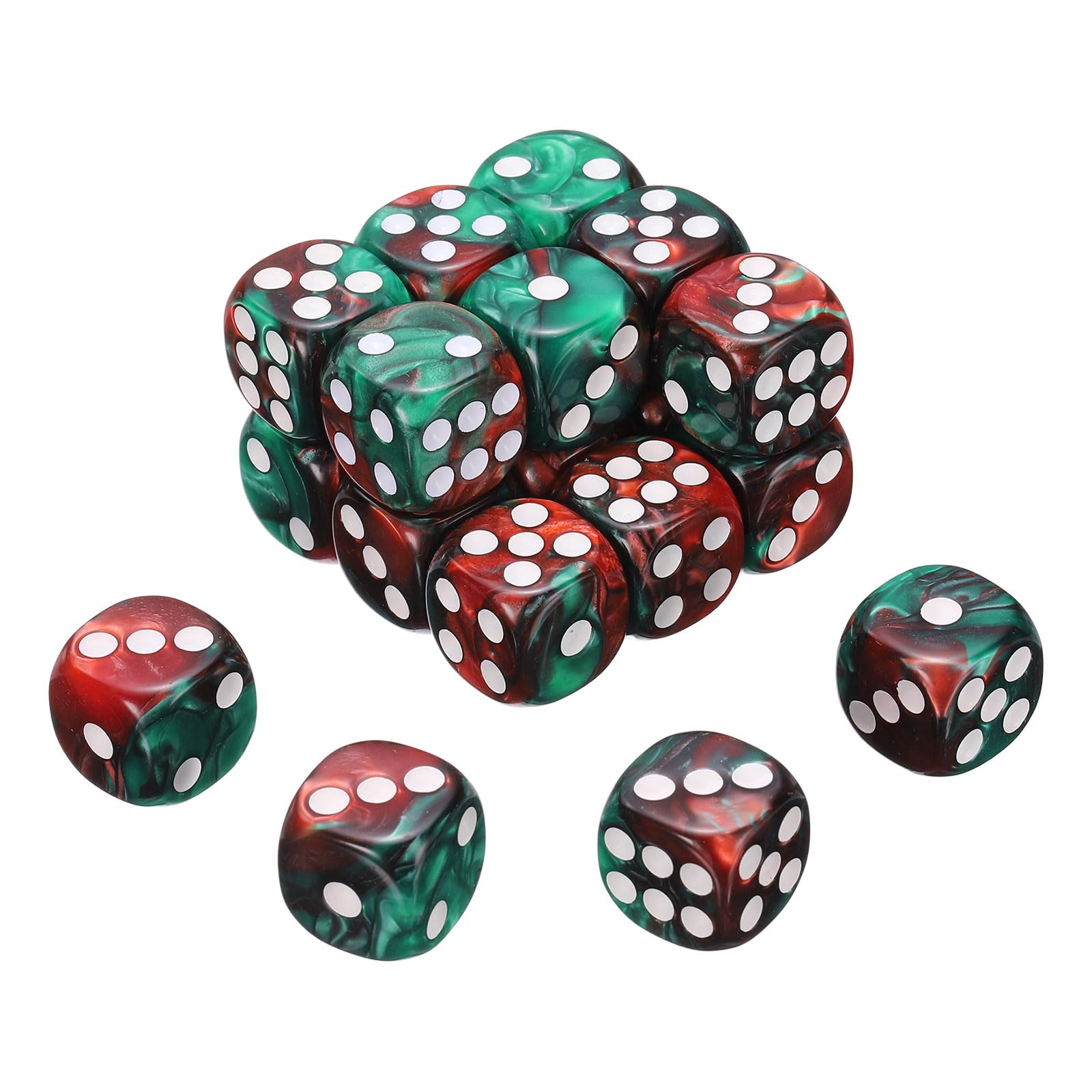 sourcing map 20Pcs 6 Sided Colored Standard Dice, 16mm Acrylic D6 Mini Polyhedral Pearl Pattern Two Tone Colors Game Dice Set for Table Games, Red/Green, White Point