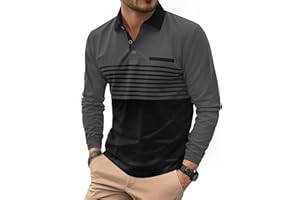 VOGSTART Men's Color Block Golf Polo Shirts Casual Striped Long Sleeve Shirt (S-XXL)