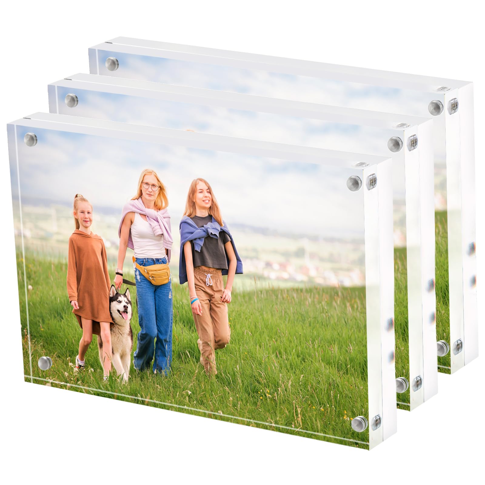 Hacaroa 3 Pack 10 x 15 cm (4 x 6 inch) Acrylic Picture Frames, Double Sided Magnetic Photo Frames 18mm Thickness, Clear Frameless Floating Frames Gifts for Mother's Day, Desktop Display, Free Standing