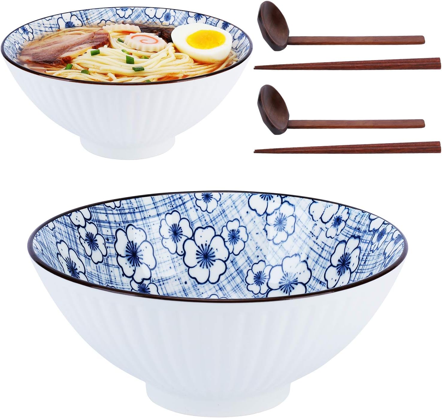 Amazon Com Njcharms Japanese Ceramic Ramen Noodle Bowls 2 Sets 6 Piece 45 Oz Premium Deep Pho Bowl With Matching Spoon And Chopsticks For Soup Cereal Rice Udon Asian Noodles Plum Blossom Kitchen