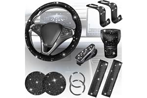 TNAIYH 11PCS/Set Bling Car Accessories Set for Women, Rhinestone Vehicle Steering Wheel Cover Seat Belt Cushion Gear Shift Protector Cup Holder Coaster, Universal Automotive Accessories (Black)