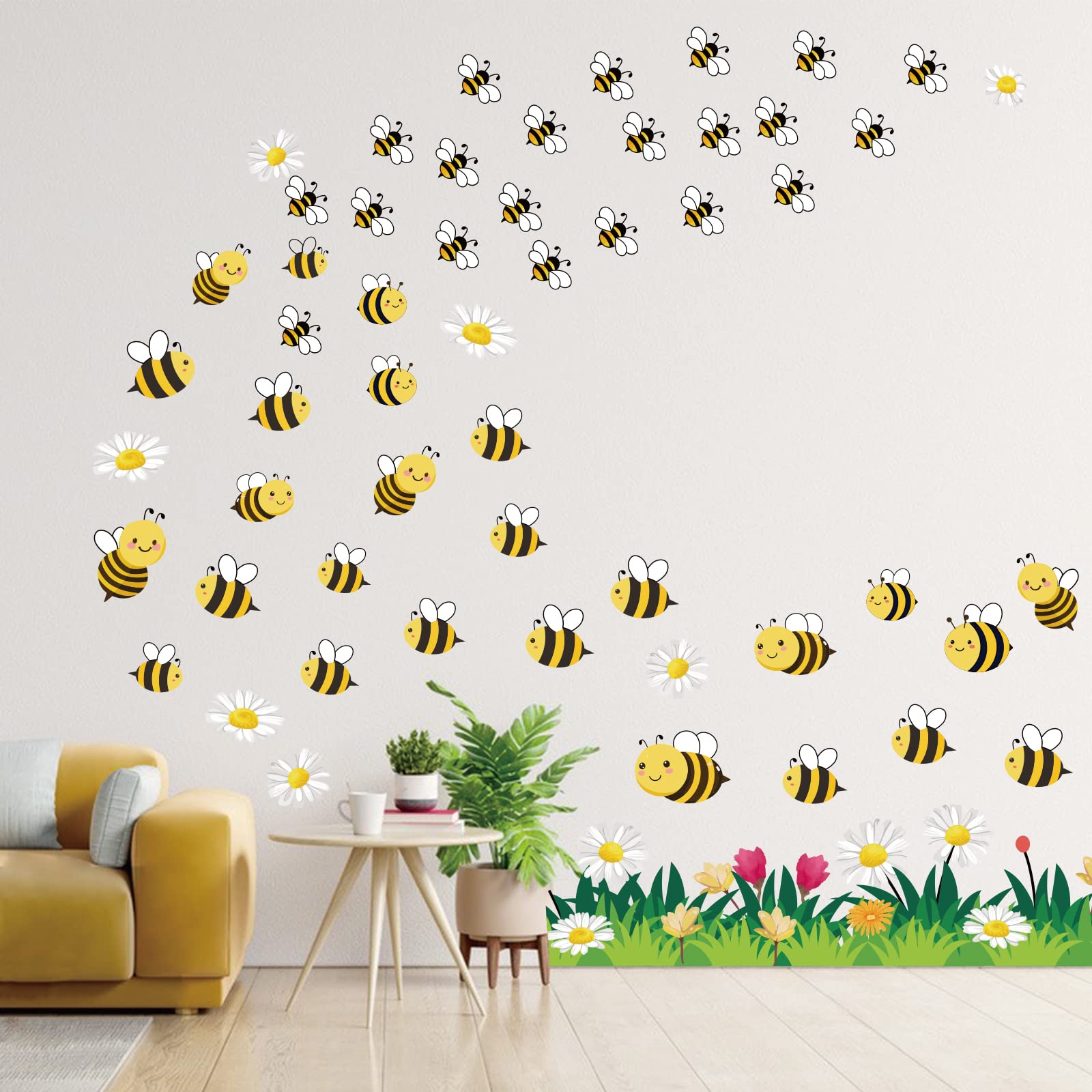 SUPERDANT Bee Wall Stickers and Decals Floral Grass Daisy Sticker Wall Decals Honey Bee Window Clings for Nursery Kids Room Bedroom Classroom Living Room Decorations