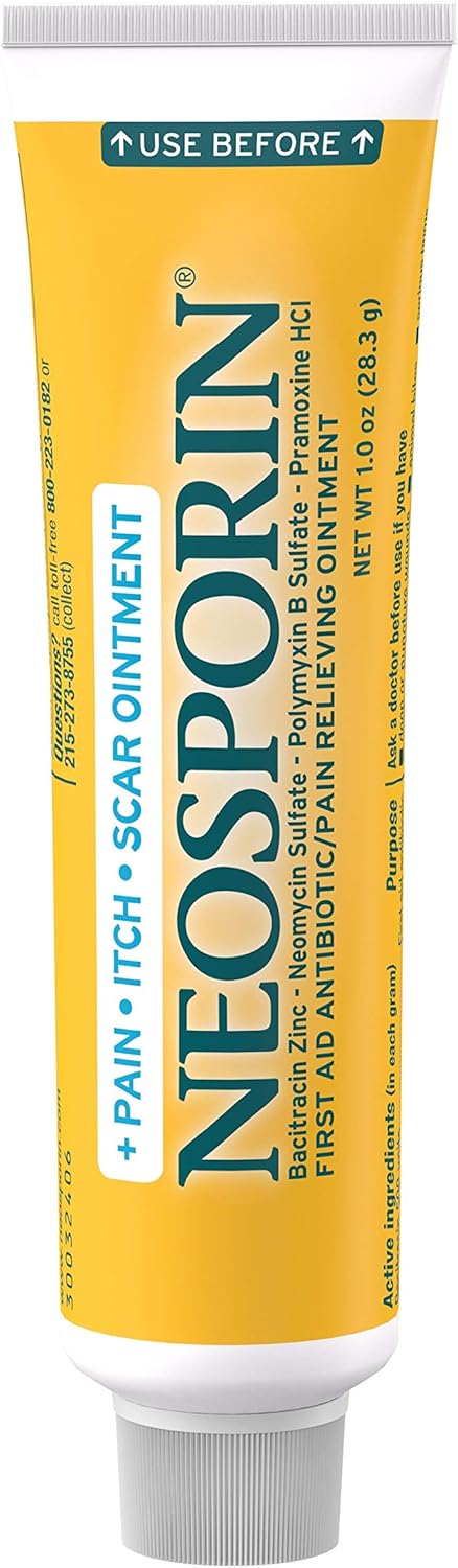 Neosporin Antibiotic Pain-Relieving, Anti-Itch, & Scar Appearance Minimizer First Aid Ointment with Neomycin, Bacitracin, Pramoxine HCl & Polymyxin B, Minor Cuts, Scrapes & Burns, 1 oz: Health & Personal Care