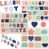 Wooden Puzzles for Toddlers, Voamuw Wooden Alphabet Number Shape Puzzle Toddler Education Learning Toys for Kids Ages 3 4 5 Y