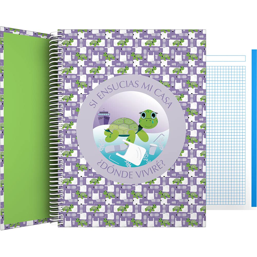 Grafoplás 16502628 Hardcover Notebook, Cardboard, A4, Squared 5x5, 5 Colour Bands, Wise Planet Collection, Turtle, FSC Certified, 140 Micro-Perforated Sheets, 4 Drills, 5 Bands Colour