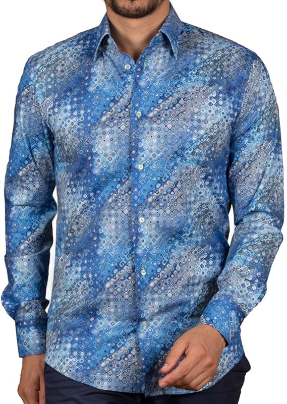 Amazon コトンドゥ Cotondoux メンズ シャツ 長袖 柄 ブルー デザイナー オフィスカジュアル おしゃれ M92ad1780blue 38 シャツ 通販