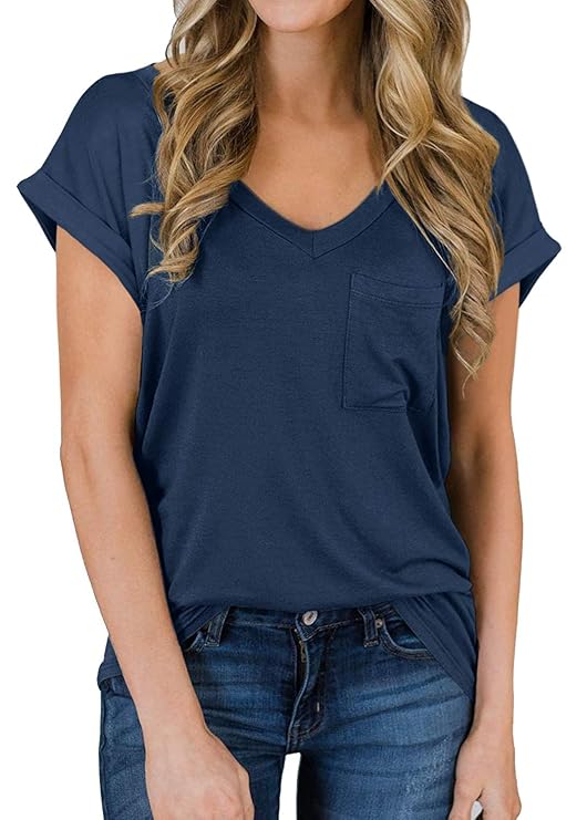 Buy Women's V Neck Tshirts Summer Casual Cuffed Short Sleeve Loose Fit