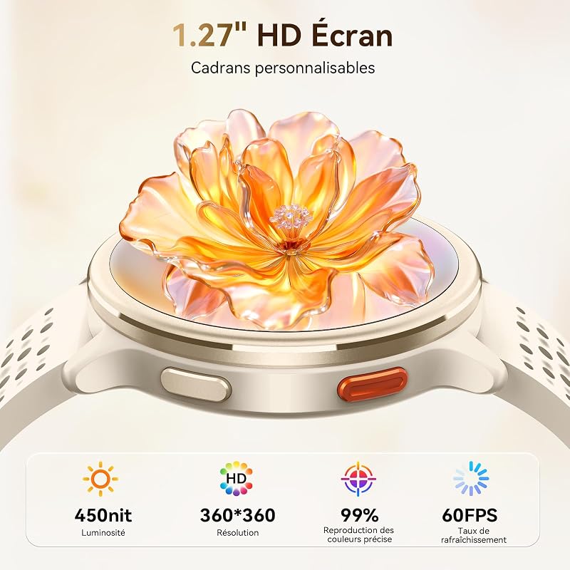Montre Connectée Femme Ronde 1.27'' Smartwatch Homme 2 Bracelet 120+ Modes Sport 250+ Cadran Etanche 3ATM Fréquence Cardiaque/SpO2/Sommeil Podomètre Fitnes Watch pour Android Samsung iPhone Abricot — photo 4 sur 8