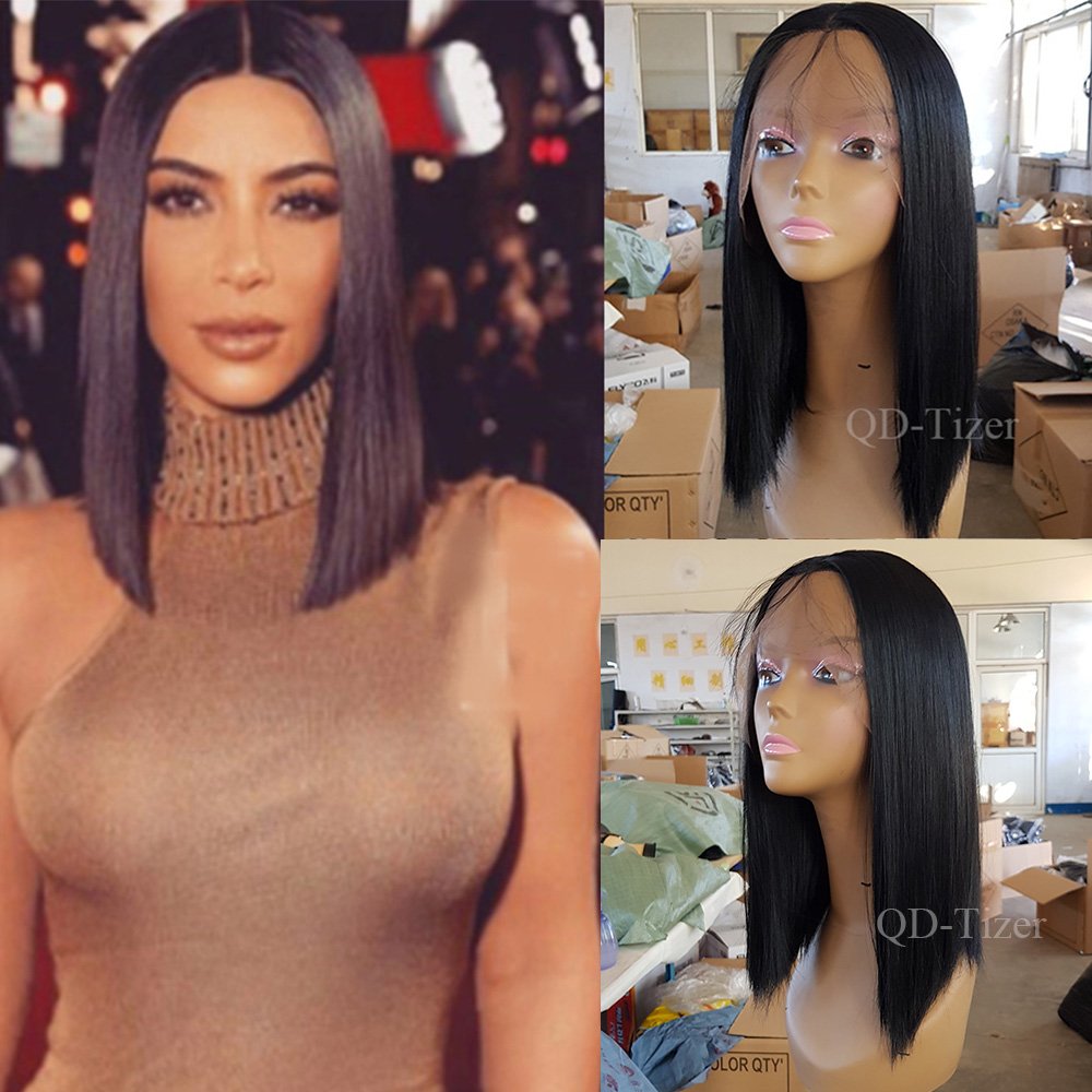 QD-Tizer Black Color Synthetic Lace Front Wigs Short Bob Wig with Baby Hair Free Part Lace Wigs for Black Women 14-16 inch