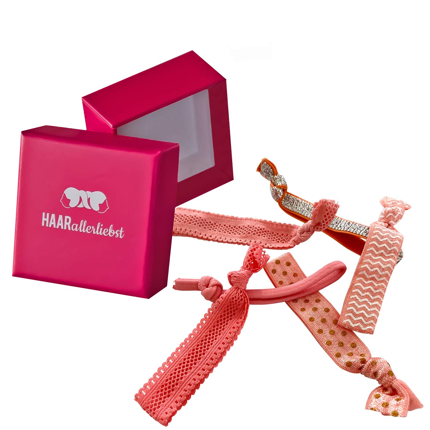 HAARallerliebst Hair Scrunchies Bracelets (Pack of 6) with Storage Box (Pink - Pink Salmon Orange)