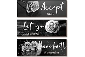 ZINYAZHE 3 Pcs Black White Rose Wall Decor Inspirational Wooden Flower Wall Art White Roses Bathroom Decor with Accept Let Go Have Faith Positive Quotes for Women Bathroom Living Room Bedroom(White Rose 12x4")