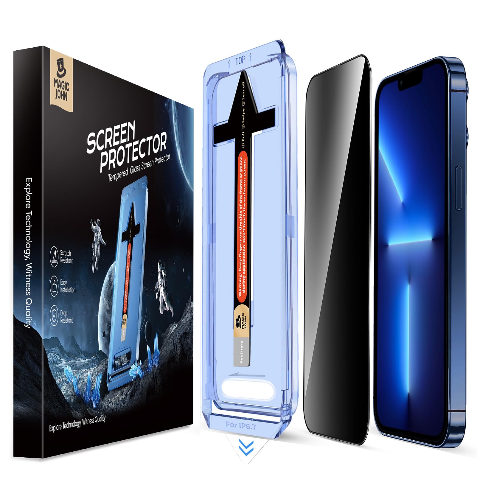 MAGIC JOHN 2 Pack for iPhone 13 Pro Max/iPhone 14 Plus 6.7 inch Privacy Glass Screen Protector, Auto Dust-Elimination Installation, Bubble Free, Easy Installation