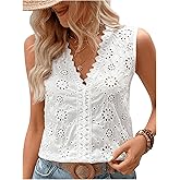 MakeMeChic Women's Eyelet Lace Trim Blouse Embroidery V Neck Sleeveless Blouses Shirt