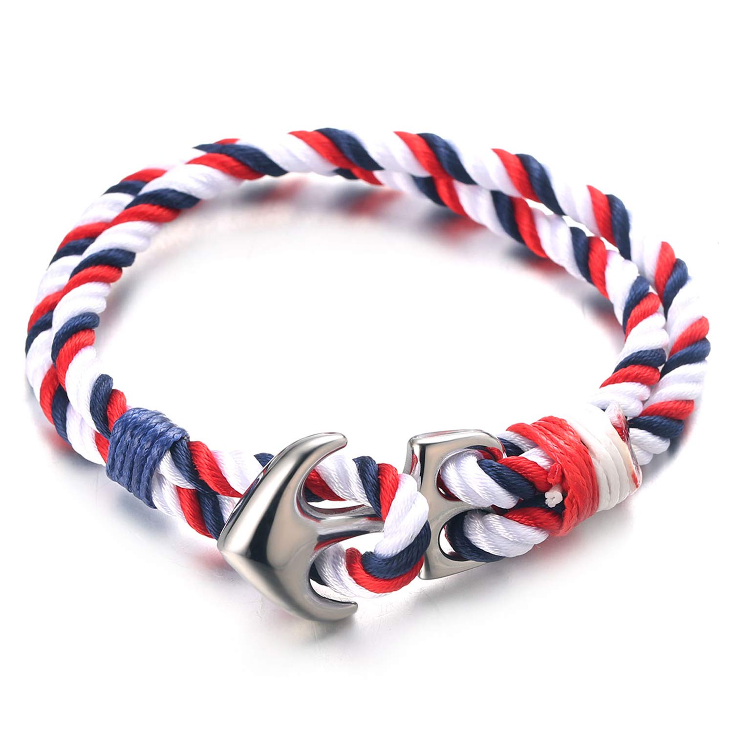 HALUKAKAH ● SAIL ● Men's Nylon Rope Cord Bracelet Multicolor Red White and Blue Color Handmade Silver Anchor Clasp 8.26"/21cm with Free Giftbox