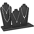 MOOCA Portable Lightweight Multiple Wooden Necklace Display Stand with 2-Row Holder, 3 Removable Displays, and Pegs on the Back, Black Color