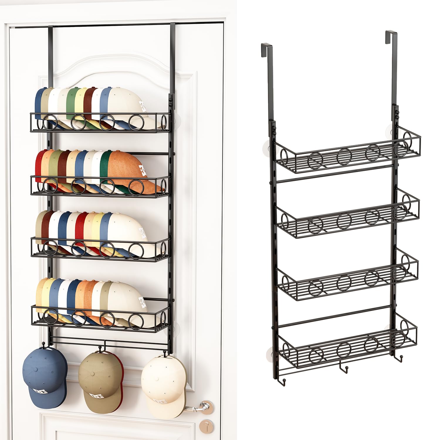 Photo 1 of Over Door Hat Organizer 5 Tier Wall Mounted Hat Rack with 4 Adjustable Metal Basket and 3 Hooks Hat Organizer for Baseball caps Hat Hanger Holder Display for Door Closet Cap Organizer Storage