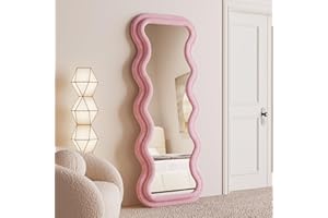 BOJOY Full Length Mirror 63"x24", Irregular Wavy Mirror, Arched Floor Mirror, Wall Mirror Standing Hanging or Leaning Against Wall for Bedroom, Flannel Wrapped Wooden Frame Mirror -Pink