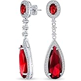 Classic Estate Jewelry Bridal Art Deco Style Halo Linear Long CZ Statement Dangle Teardrop Chandelier Earrings For Women Prom Bridal Party Jewel Colors AAA Cubic Zirconia Silver Plated