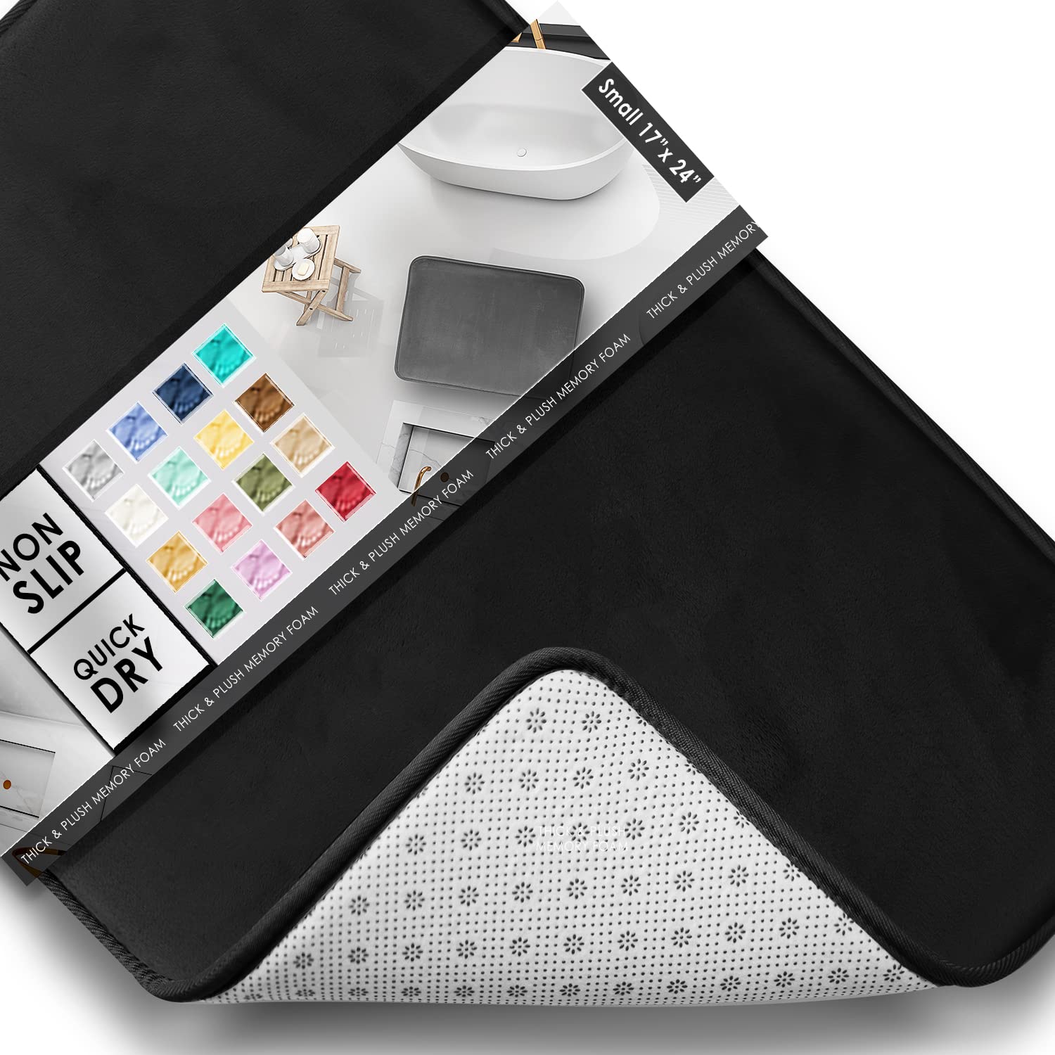 Clara Clark Bathroom Rugs, Velvet Memory Foam Bath Mat, Non-Slip, Machine Washable Bath Rugs - Dries Quickly, Ultra Soft Plush Bath Mats for Bathroom, 17 x 24, Black