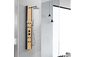 BATHLAVISH Black Shower Tower with Wood 304 Stainless Steel Shower Panels System with 8-inch Rainfall Shower 4 Rain Massage Body Jets for Home Hotel Bathroom Lavatory