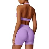 ABOCIW Womens Workout Sets 2 Piece Seamless Gym Yoga Outfits | Halter Sports Bra, Tummy Control High Waist Biker Shorts, Scrunch Butt Lifting, Matching Gym Sets Active Pilates Outfits