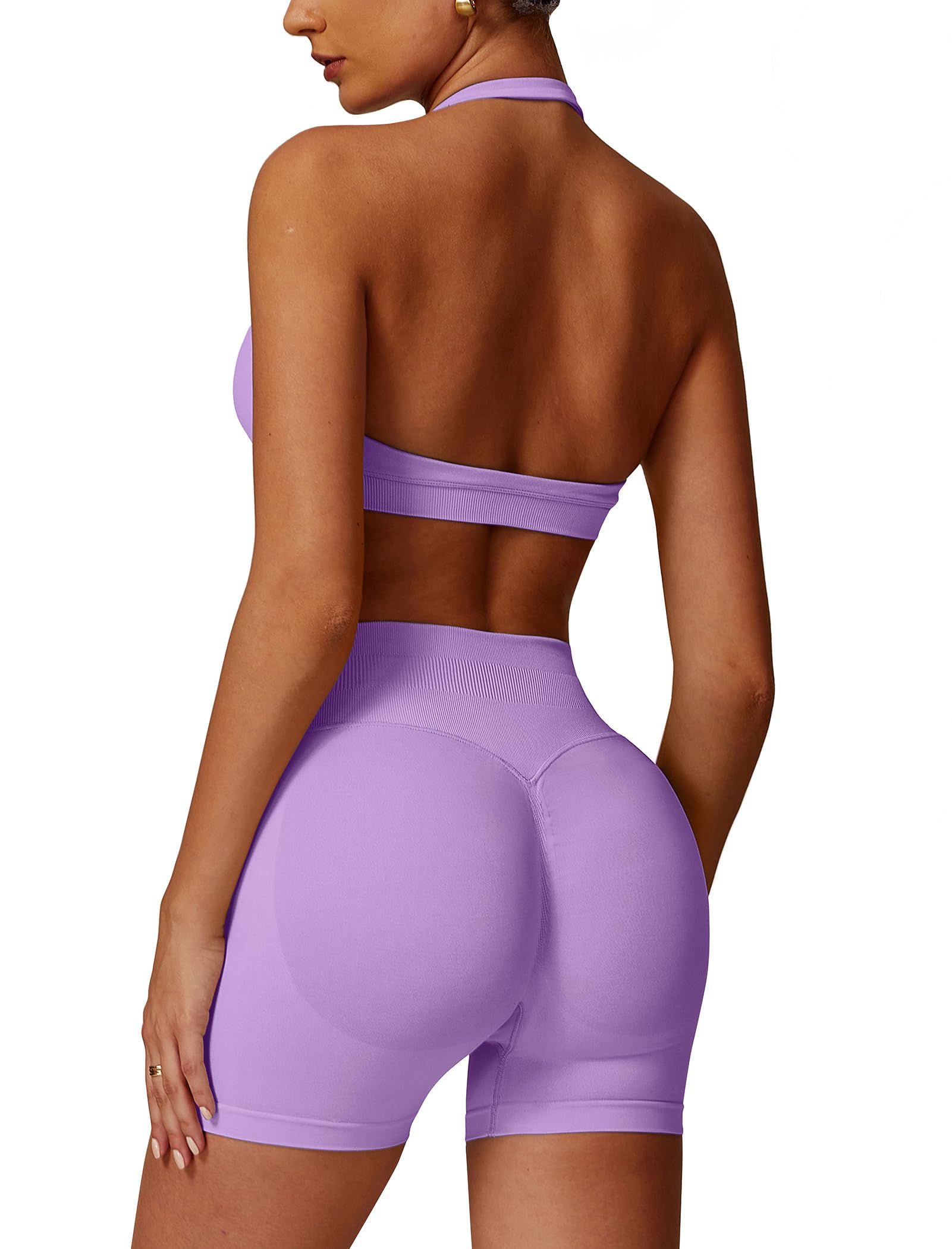 Photo 1 of ABOCIW Workout Sets for Women Seamless High Waist Scrunch Butt Lifting Gym Impact Shorts Halter Sports Bra 2 Piece Yoga Outfits Purple Small