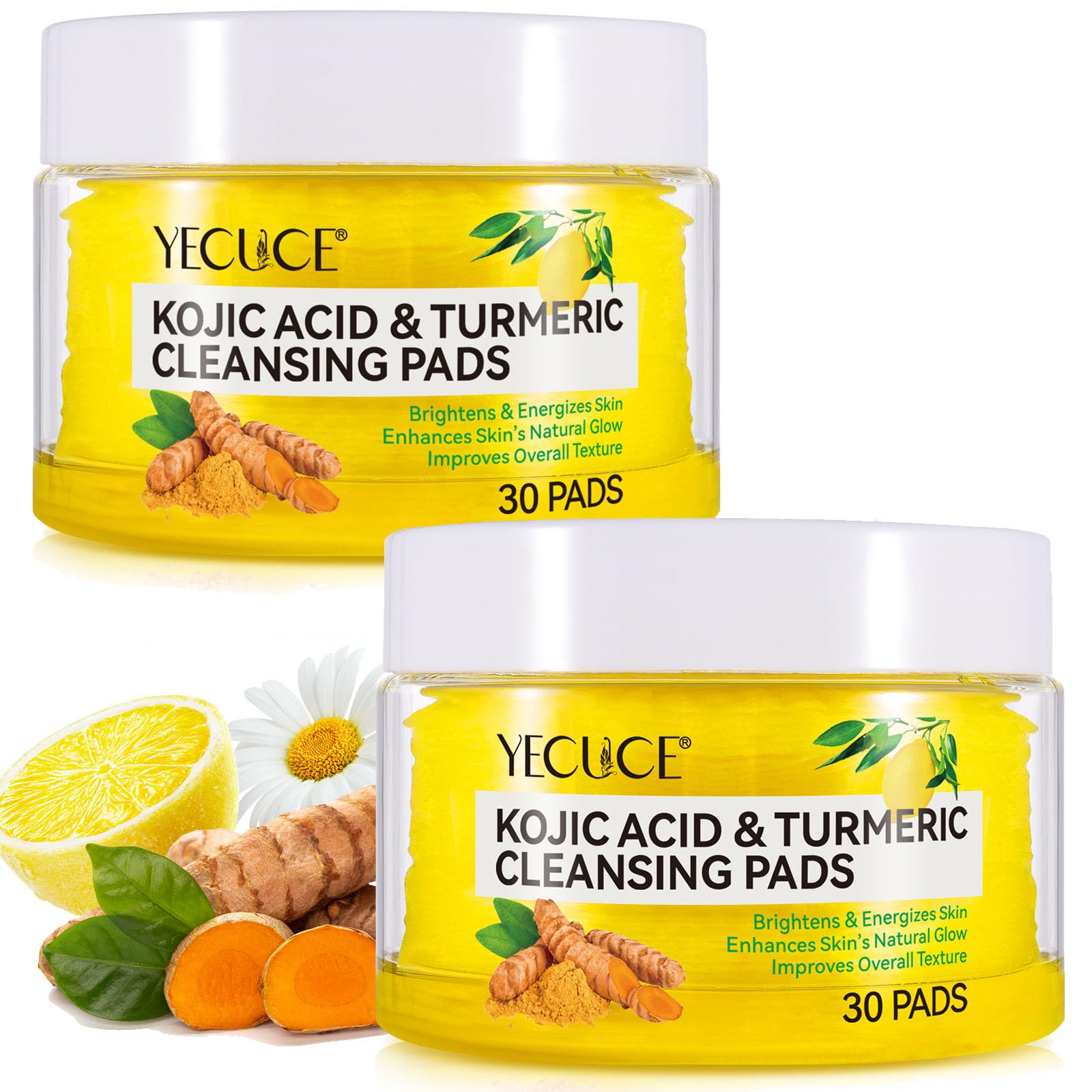 2 Pack Kojic Acid and Turmeric Cleansing Pads - 30 PCS Exfoliating Face Wipes, Cotton Pads With Chamomile, Lemon for Acne Scars, Unclog Pores