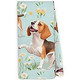 Pugwak Cute Dog Beagle Kitchen Dish Towels 16x24 Inch, Dog Decor, Gifts for Dog Mom Dog Lovers Women, Flower Puppies Kitchen Towel, Beagle Dog Floral Decorative Hand Towels Tea Towels for Home