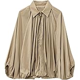 Xunger Women's Puffed Bomber Jacket Oversized Streetwear Casual Batwing Sleeve Lapel Collar Zip Front Pleated Shirts