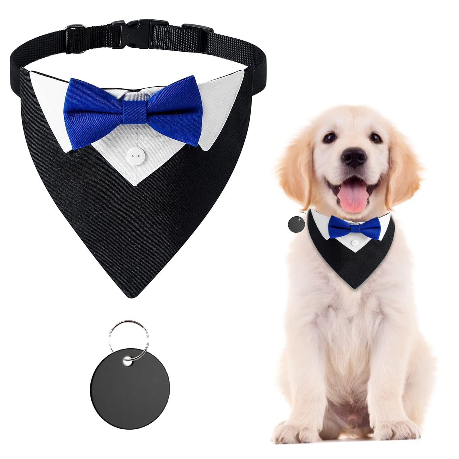 URROMA 1 Pack Blue Bow Formal Dog Tuxedo Bandana, Adjustable Blue Dog Wedding Collar Pet Costume Neckerchief for Small Dogs and Cats, M