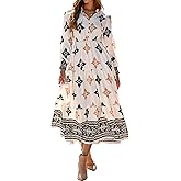 BTFBM Women's Fall Wedding Guest Dresses 2025 Casual Floral Long Sleeve V Neck Front Tie Flowy Boho Maxi Dress Pockets