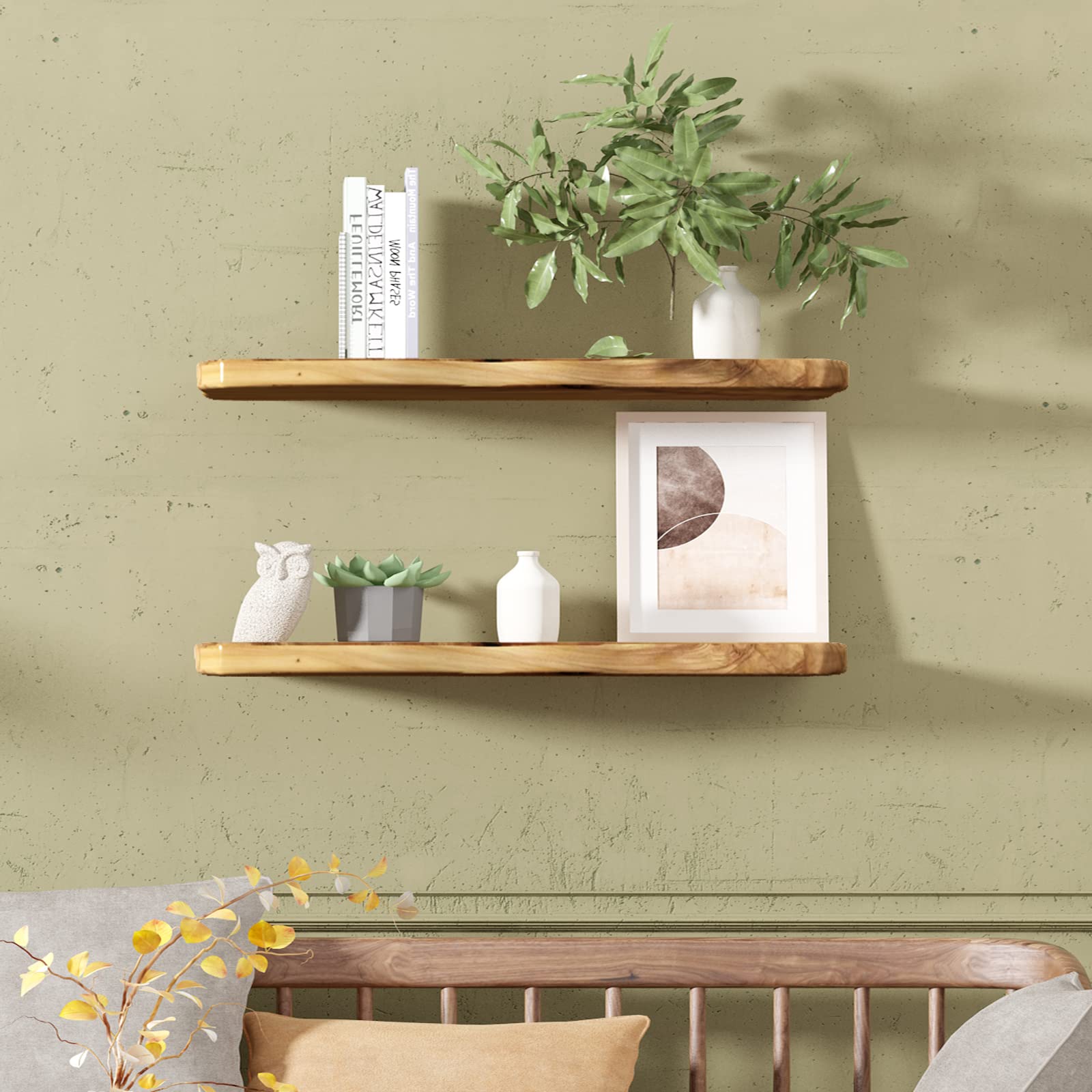 Photo 1 of **SMALL CRACK ON ONE SHELVE**WELLAND 24 Inch Cedar Natural Edge Floating Shelf Set of 2 Rustic Solid Cedar Wood Floating Shelves Wall Mounted for Living Room, Bedroom, Kitchen, Bathroom, Home Office, Entryway