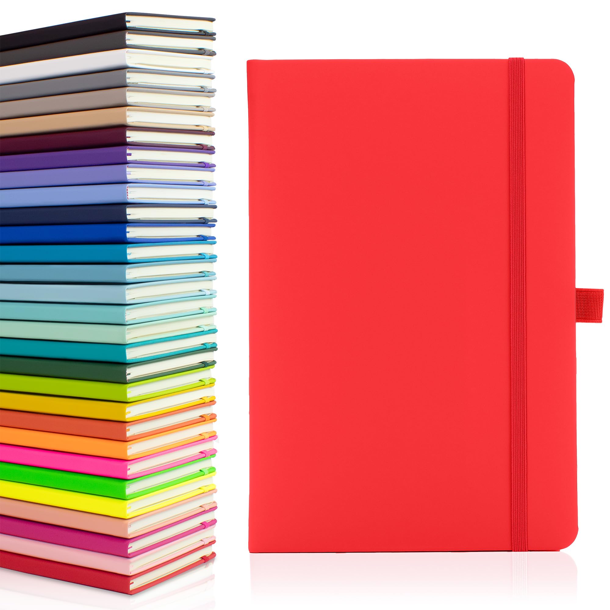 Notes London Eco A5 Notebook with Lined Pages, Pen Loop, Ribbon, Date Marks and Paper Pocket, Medium Hardback Journal, Note, sustainably sourced paper (Red)