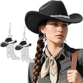 DRESHOW Glitter Cowboy Hat Classic Western Rhinestone Cowgirl Hat Outdoor Wide Brim Retro Felt Fedora Hats Rolled up Caps