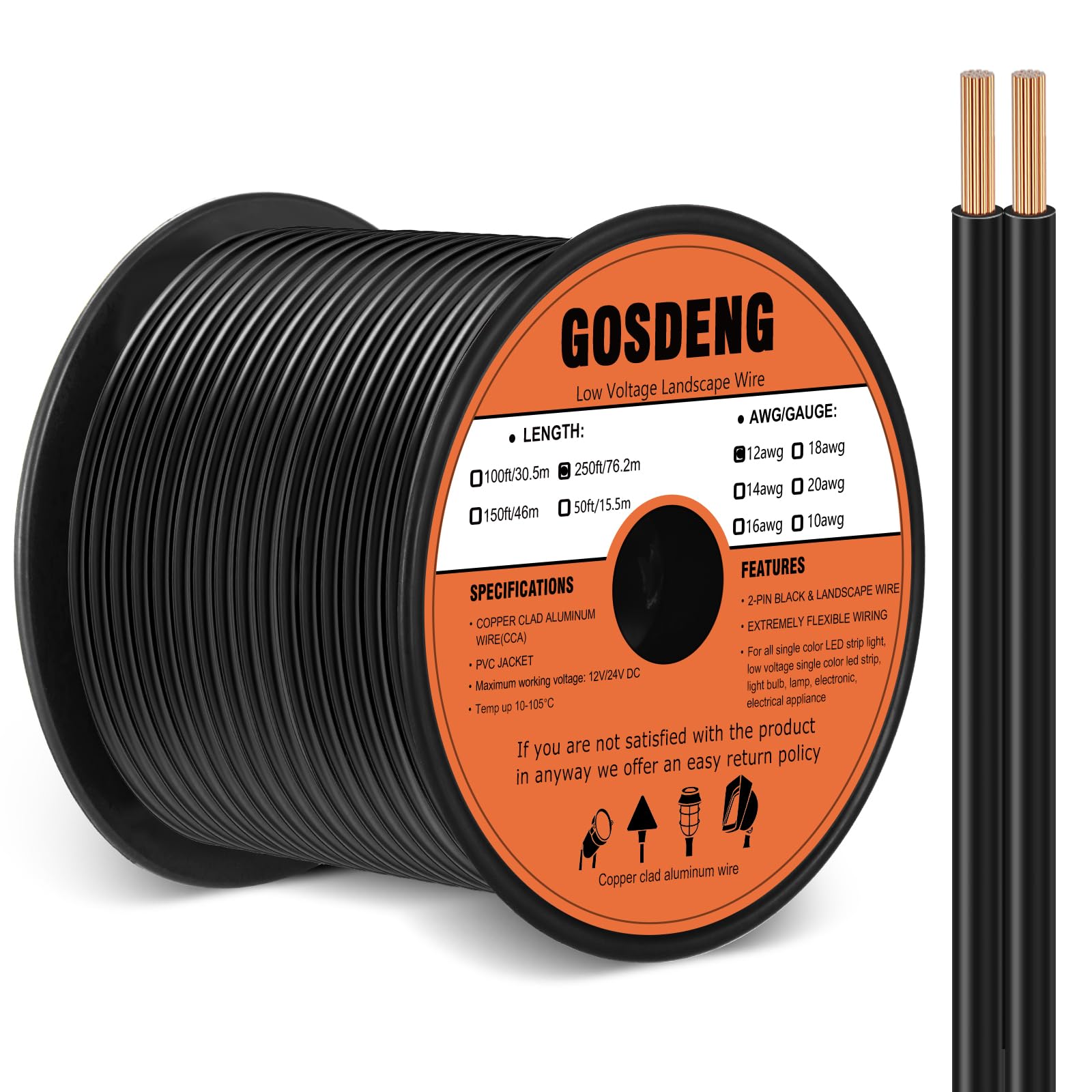 Photo 1 of GOSDENG 12/2 Low Voltage Landscape Wire 250FT Outdoor Landscape Lighting Cable 12 Gauge 2 Conductors Low Voltage Wire for Landscaping Lights,Copper Clad Aluminum Direct Burial