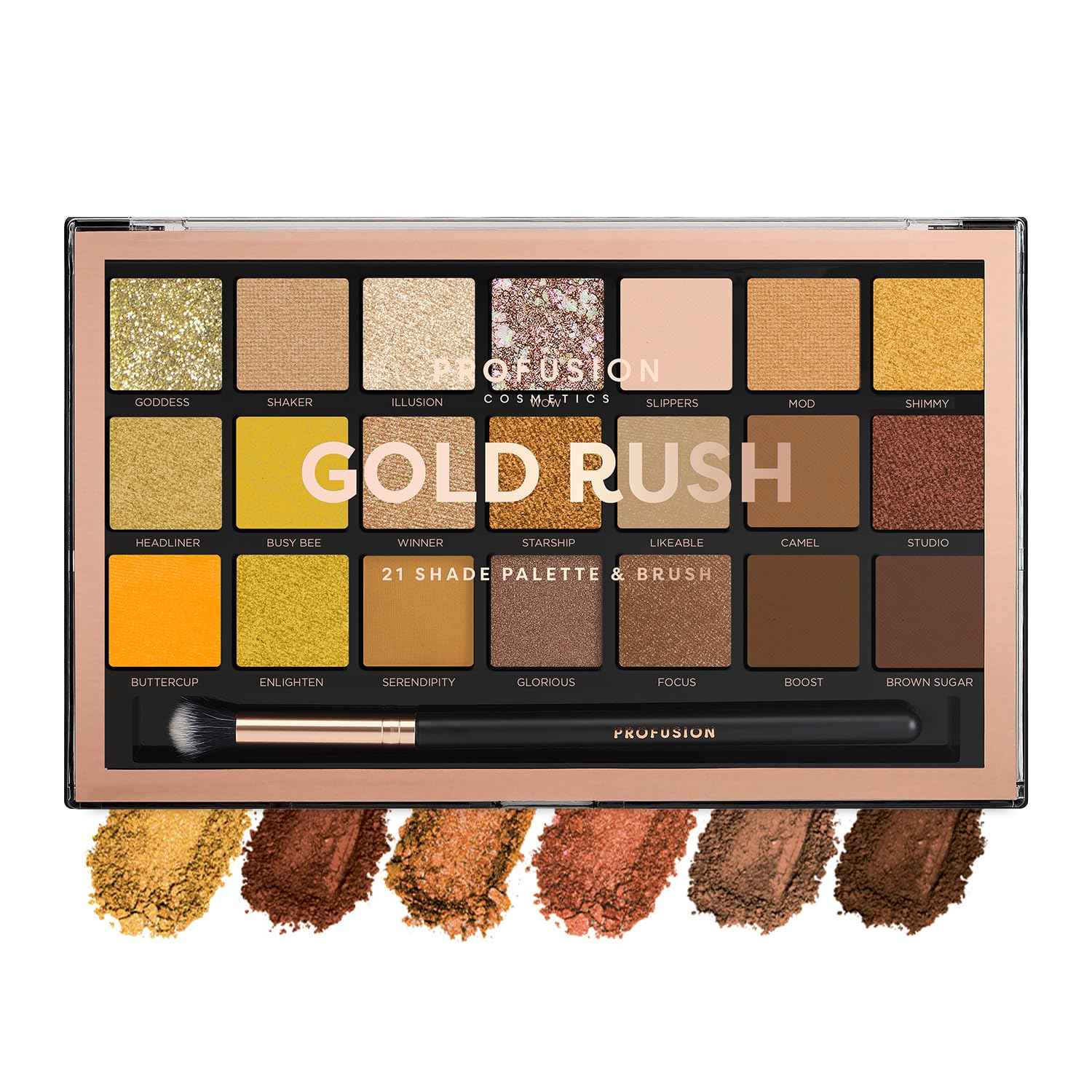 Profusion Cosmetics Gold Rush 21 Shade Eyeshadow Palette + Free Pro Series Brush (decadent golds and bronzes to cool and deep brown hues)
