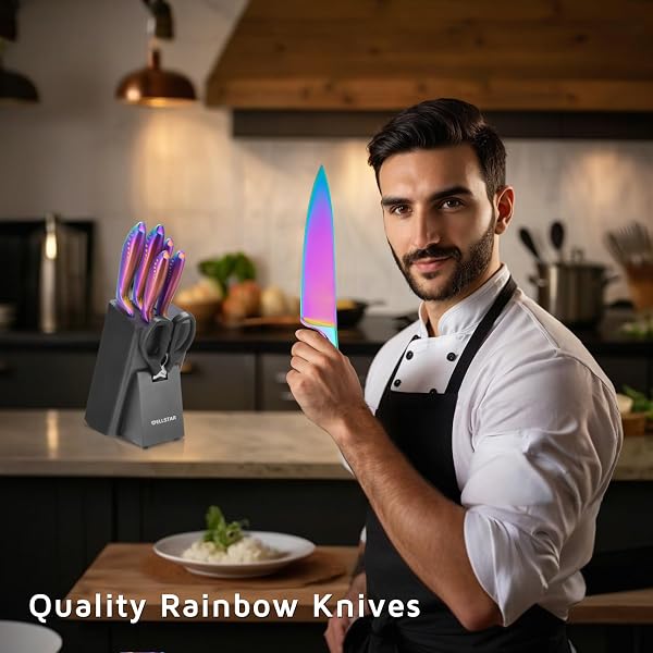 WELLSTAR RAINBOW KNIFE SET 8 PIECES, IRIDESCENT GERMAN STAINLESS STEEL KITCHEN KNIVES SET WITH WOODEN BLOCK, COLORFUL TITANIUM COATING, CHEF’S KNIFE BLOCK SET WITH SCISSORS AND BUILT-IN SHARPENER
