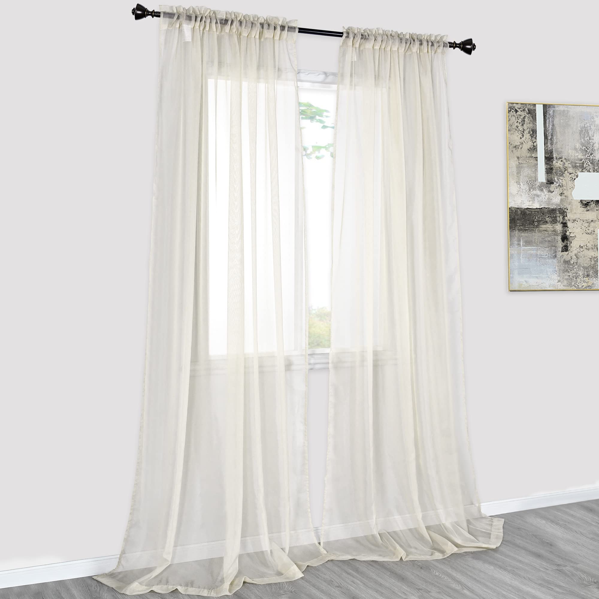 DONREN 2 Panels Solid Color Beige Sheer Curtains Elegant Rod Pocket Window Voile Panels Drapes for Bedroom Living Room (52X95 Inches)