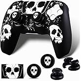 PlayRealm Silicone Skin Cover& Sticler x 1 & No Falling off Thumbstick x 2 for PS5 Controller (Ghost Face White)