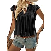 Dokotoo Womens Summer Tops Dressy Casual Ruffle Cap Sleeve Chiffon Blouses Tassel V Neck Lace Embroidery Pleated Shirts