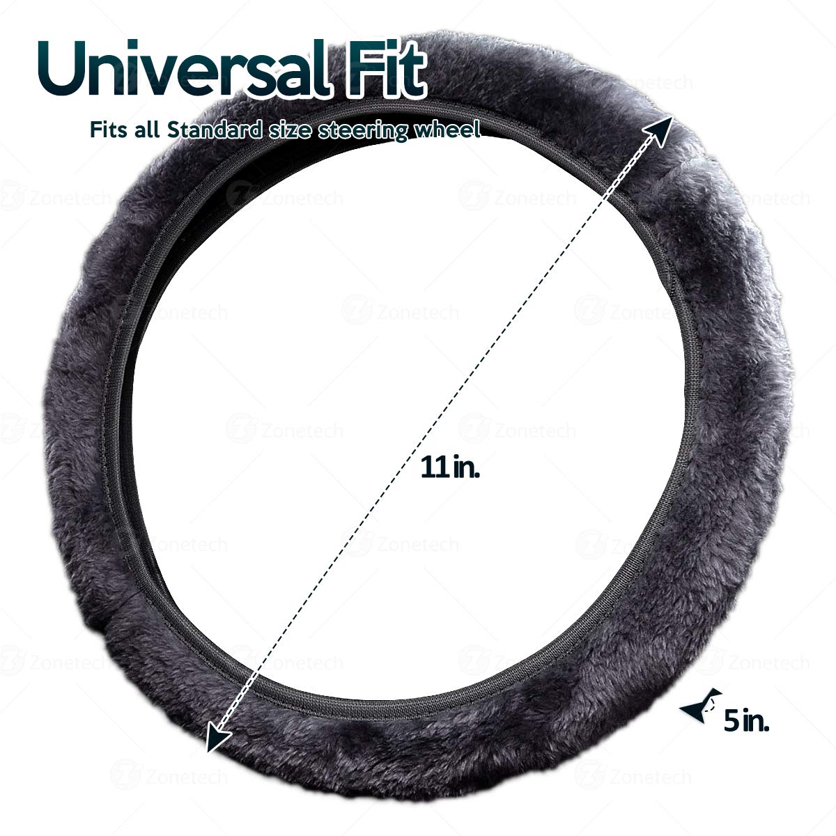 thumbnail image 2 of Zone Tech Genuine Sheepskin Steering Wheel Cover – Slip-On – Black/Gray/White – 14.5-15 Inch 2 of 5
