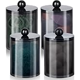 4 Pcs Acrylic Qtip Holder, Cotton Ball Holder Jars with Lids, Black | Apothecary Jars for Cotton Swabs, Balls, Pads and Floss Picks, Bathroom Vanity Organizer