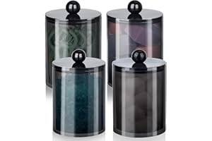 XIPENGKEJI 4 Pack Qtip Holder, Apothecary Jars Cotton Ball Holder Dispenser, Bathroom Jars with Lids Set for Cotton Round, Cotton Swab, 10oz-12oz Plastic Canisters Restroom Bedroom Vanity Organizer(Black)