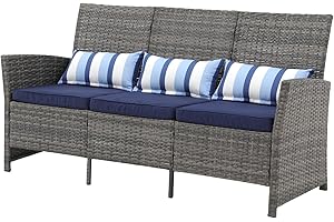 SUNSITT Outdoor Furniture 3 Seats Patio Couch, Outdoor Wicker Sofa, Grey PE Wicker with Blue Cushions & Lumbar Pillows, Porch, Backyard, Pool, Steel Frame