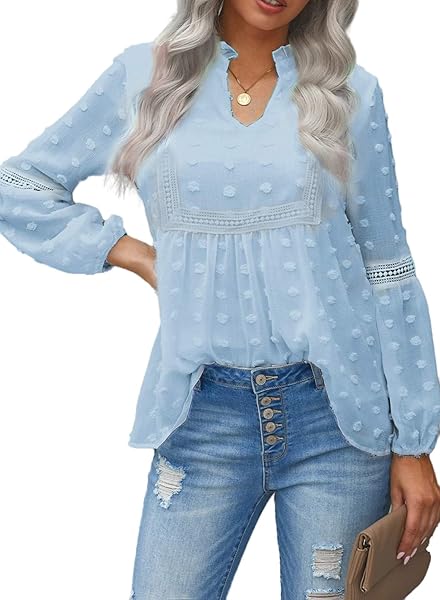 GRACEINES WOMENS ELEGANT CHIFFON V NECK BLOUSE LONG SLEEVE CASUAL POM POM SHIRT SWISS DOT TUNIC TOPS A-BLUE