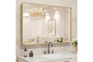 WEER Gold Bathroom Mirror, 48X30 Inch Brushed Gold Metal Frame Mirror, Rounded Rectangle Gold Bathroom Vanity Mirror for Wall, Tempered Glass, Anti-Rust, Hangs Horizontally or Vertically