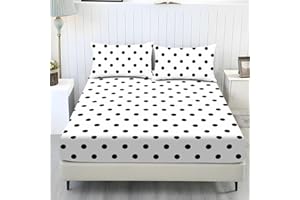 Suobstales Polka Dot Pattern 3-Piece Fitted Sheet Bedsheet with Breathable Pillowcases Deep Pocket Fitted Sheet Premium Soft 
